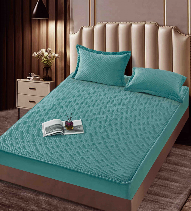Husa matlasata tip topper din catifea, 160x200cm + 2 fete de perna 50x70cm - Turcoaz
