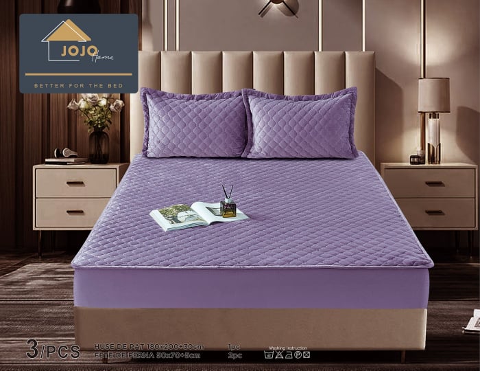 Husã matlasatã tip topper din catifea, 180x200cm + 2 fete de perna 50x70cm - Mov [2]
