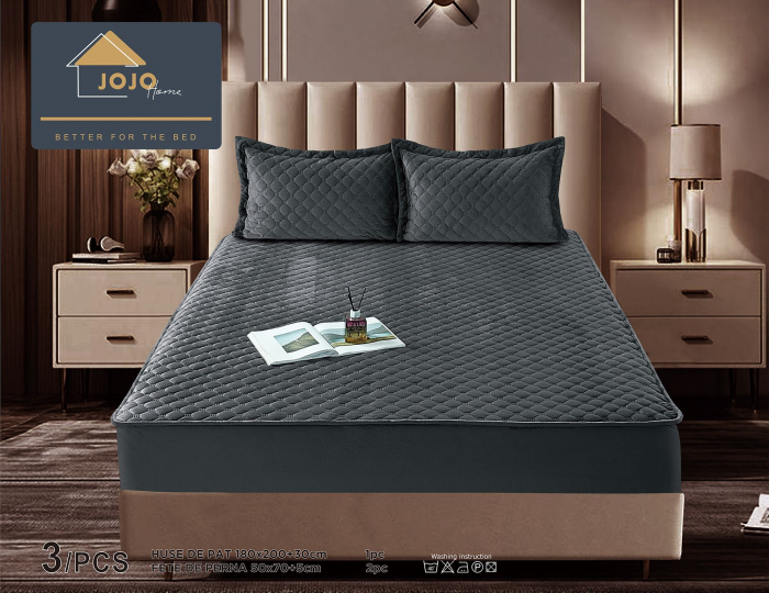 Husã matlasatã tip topper din catifea, 180x200cm + 2 fete de perna 50x70cm - Gri Inchis [2]