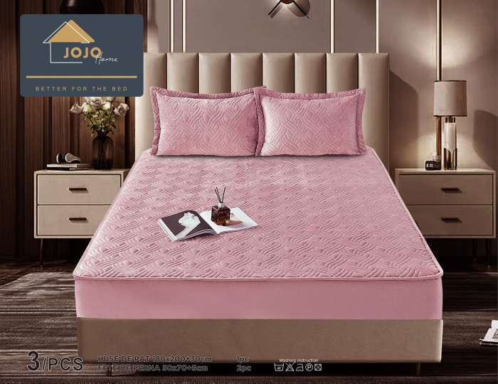 Husã matlasatã tip topper din catifea, 180x200cm + 2 fete de perna 50x70cm - Roz [2]