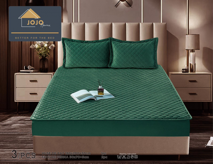 Husã matlasatã tip topper din catifea, 180x200cm + 2 fete de perna 50x70cm - Verde [2]