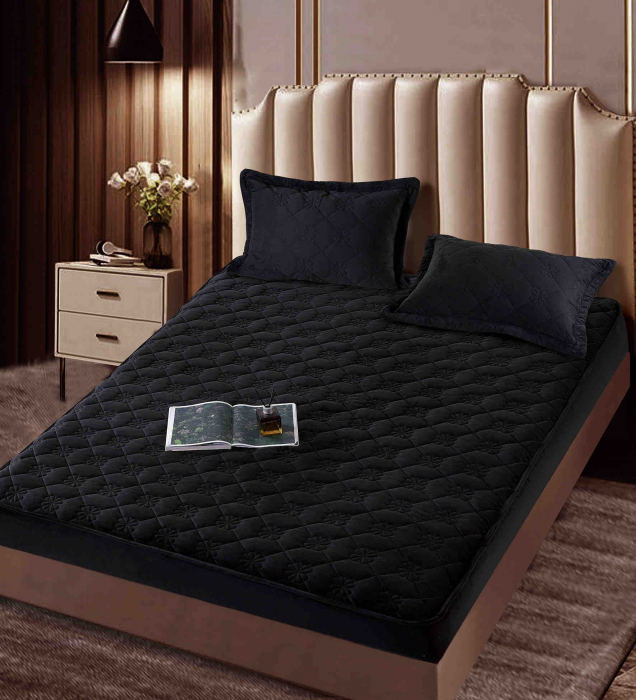 Husa matlasata tip topper din catifea, 140x200cm + 2 fete de perna 50x70cm - Negru