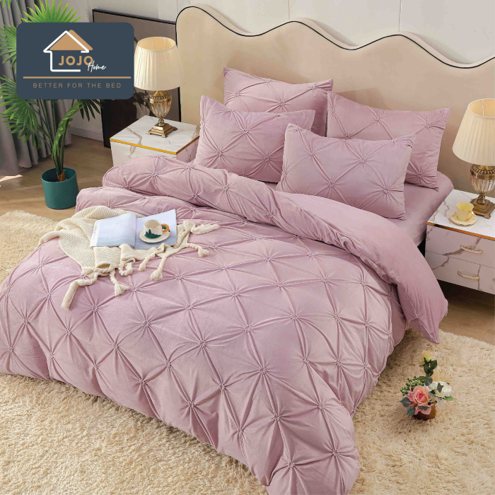 Lenjerie pat dublu cu elastic din catifea, 4 piese, pliuri brodate