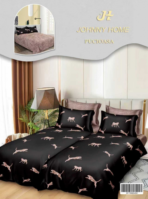 Lenjerie de Pat, 7 Piese, Bumbac Satinat Superior, cu 2 Pilote - Jaguar