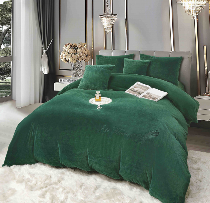 Lenjerie de pat, cu Broderie, Cocolino tip Blanita Iepure, 2 Persoane, 6 Piese, cu ELASTIC - Verde Smarald