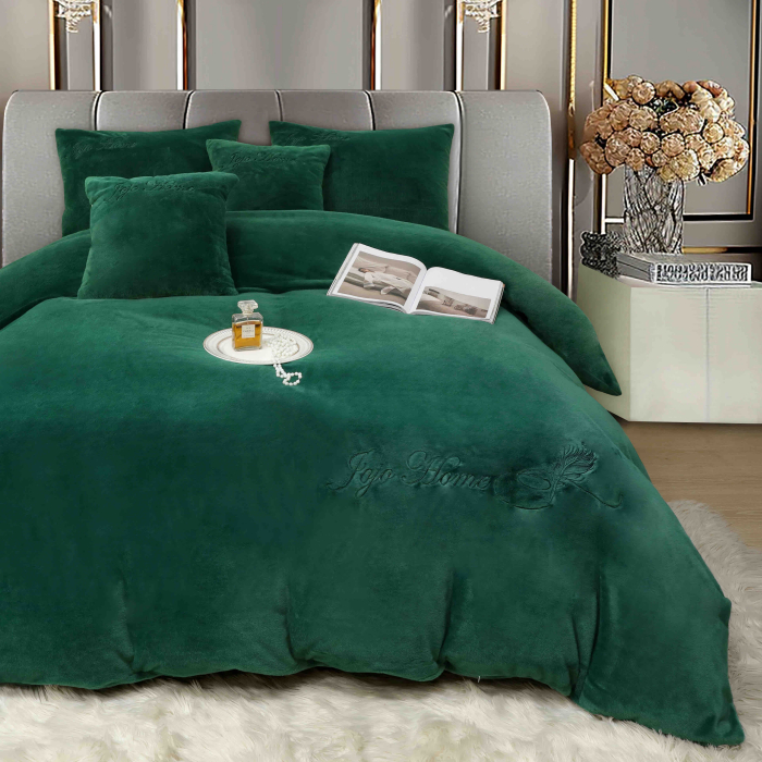 Lenjerie de pat, cu Broderie, Cocolino tip Blăniță Iepure, 2 Persoane, 6 Piese, cu ELASTIC - Verde Smarald [3]