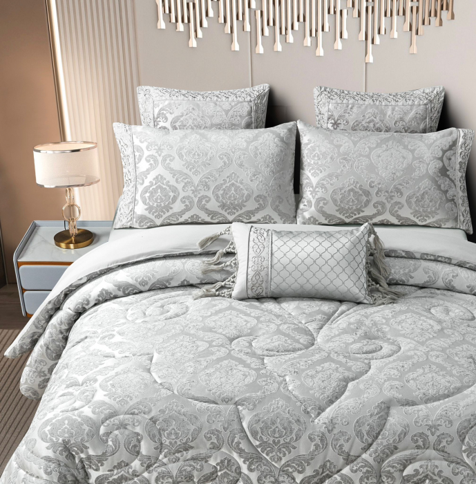 Lenjerie de pat cu elastic si pilota inclusa, bumbac tip jacquard, pat 2 persoane, 7 piese - Gri [2]