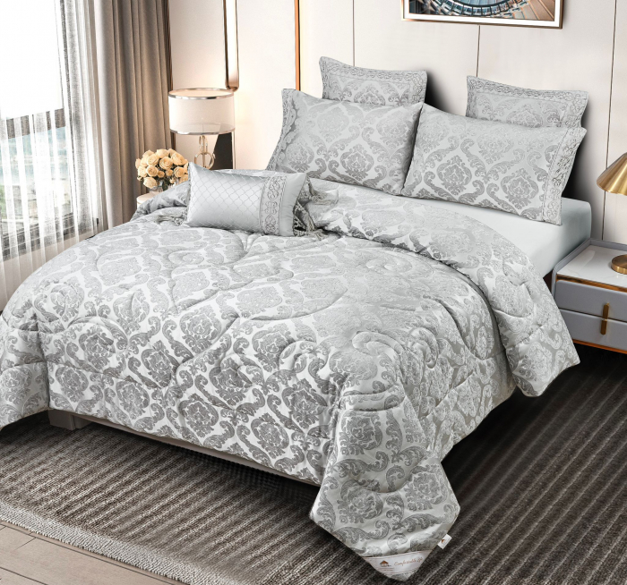 Lenjerie de pat cu elastic si pilota inclusa, bumbac tip jacquard, pat 2 persoane, 7 piese - Gri [3]