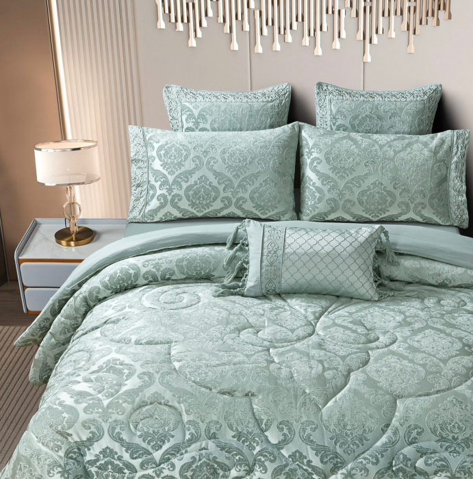 Lenjerie de pat cu elastic si pilota inclusa, bumbac tip jacquard, pat 2 persoane, 7 piese - Verde [2]