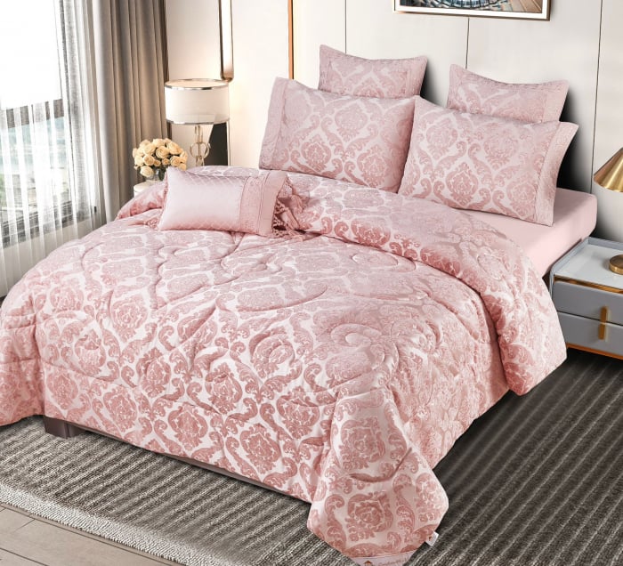 Lenjerie de pat cu elastic si pilota inclusa, bumbac tip jacquard, pat 2 persoane, 7 piese - Roz Pudra [3]