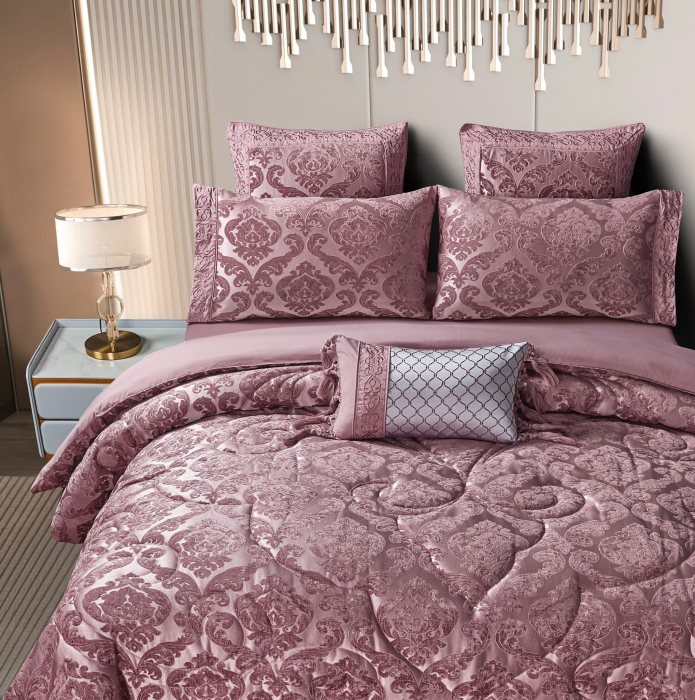 Lenjerie de pat cu elastic si pilota inclusa, bumbac tip jacquard, pat 2 persoane, 7 piese - Roz Inchis [2]