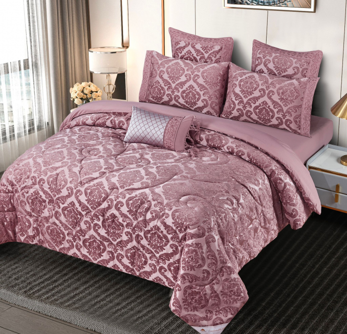 Lenjerie de pat cu elastic si pilota inclusa, bumbac tip jacquard, pat 2 persoane, 7 piese - Roz Inchis [3]