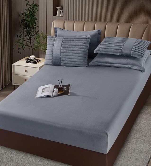 Lenjerie de pat cu Pilota Inclusa , Cearceaf cu Elastic, 6 Piese, Blană de Iepure Artificială - Gri Inchis [4]