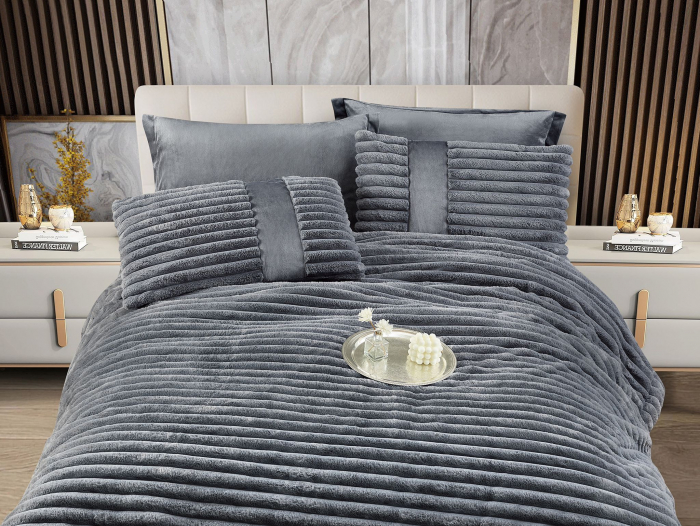 Lenjerie de pat cu Pilota Inclusa , Cearceaf cu Elastic, 6 Piese, Blană de Iepure Artificială - Gri Inchis [2]