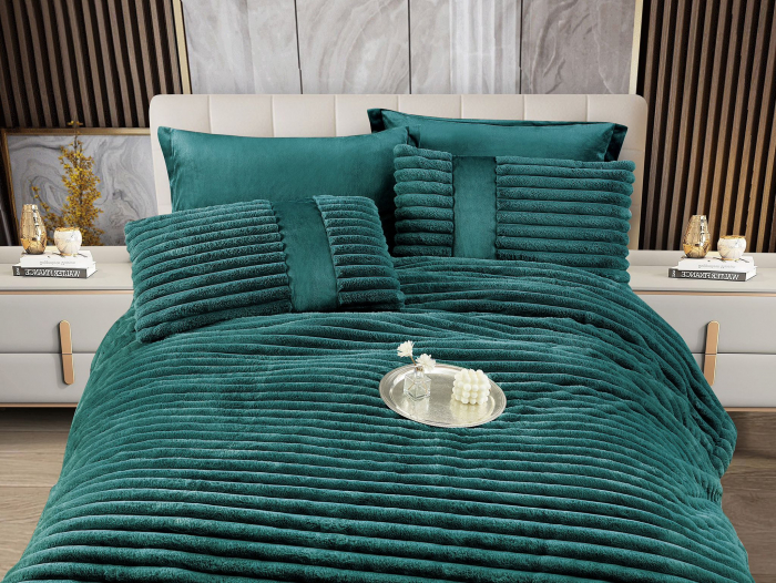 Lenjerie de pat cu Pilota Inclusa , Cearceaf cu Elastic, 6 Piese, Blană de Iepure Artificială - Verde Smarald [2]