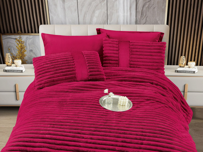 Lenjerie de pat cu Pilota Inclusa , Cearceaf cu Elastic, 6 Piese, Blană de Iepure Artificială - Visiniu [2]