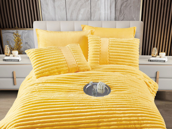 Lenjerie de pat cu Pilota Inclusa , Cearceaf cu Elastic, 6 Piese, Blană de Iepure Artificială - Galben [2]