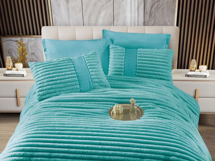 Lenjerie de pat cu Pilota Inclusa , Cearceaf cu Elastic, 6 Piese, Blană de Iepure Artificială - Turcoaz [2]