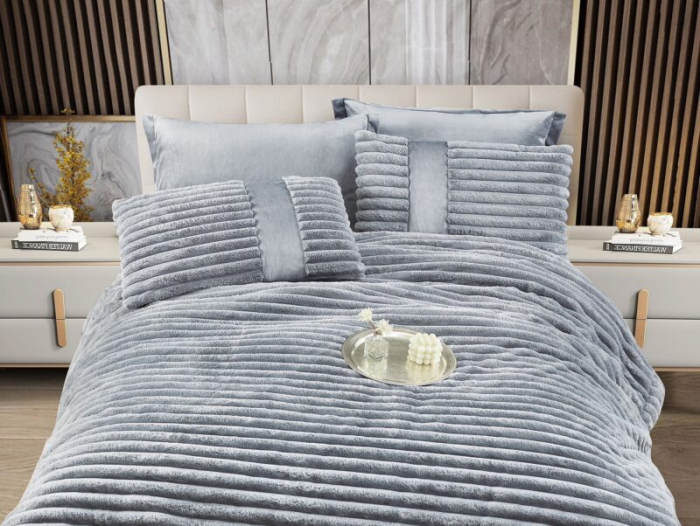 Lenjerie de pat cu Pilota Inclusa , Cearceaf cu Elastic, 6 Piese, Blană de Iepure Artificială - Gri Deschis [2]