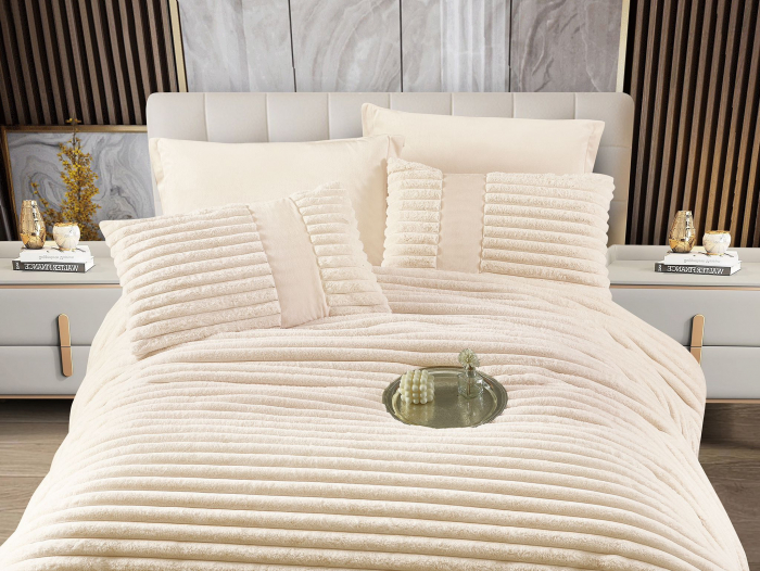 Lenjerie de pat cu Pilota Inclusa , Cearceaf cu Elastic, 6 Piese, Blană de Iepure Artificială - Crem [2]