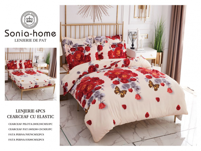 Lenjerie de pat din Bumbac Finet, Cearceaf cu Elastic - Red Roses
