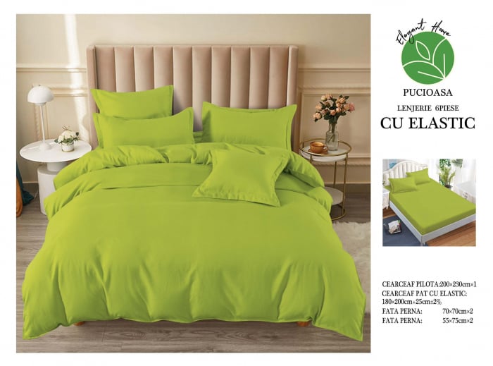 Lenjerie pat dublu, cu elastic, 6 piese - Uni Verde