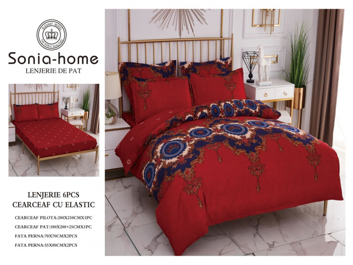 Lenjerie de pat din Bumbac Finet, Cearceaf cu Elastic - Red Blue Royal