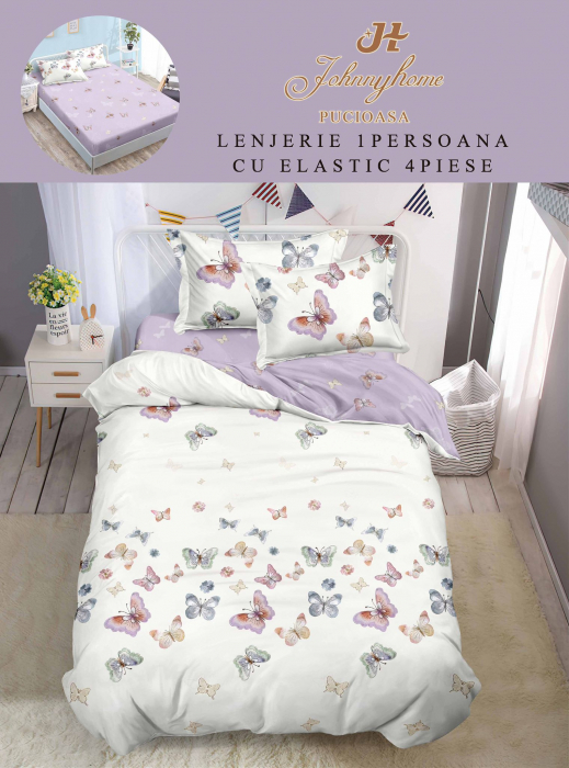 Lenjerie De Pat Finet Cu Elastic 1 Persoana - Lila / Crem Fluturi [1]