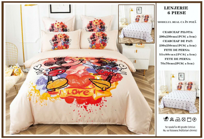 Lenjerie De Pat Finet Premium Pat Dublu - Minnie Mickey Love Color