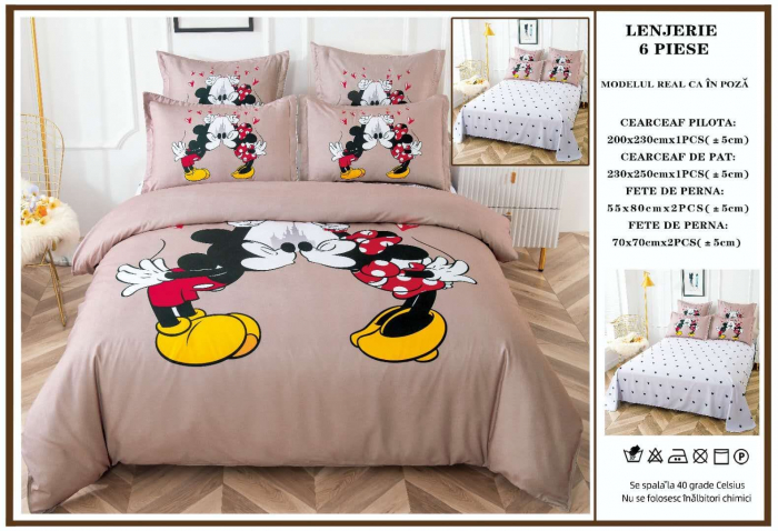 Lenjerie De Pat Finet Premium Pat Dublu - Minnie Mickey Kiss Bej