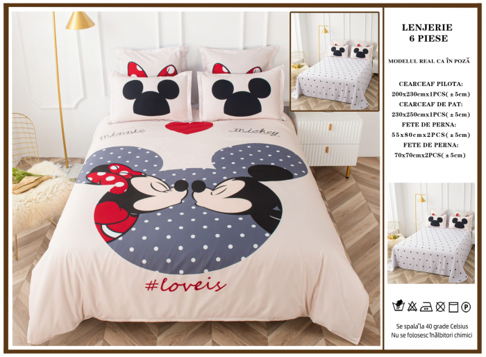 Lenjerie De Pat Finet Premium Pat Dublu - Minnie Mickey Love Is