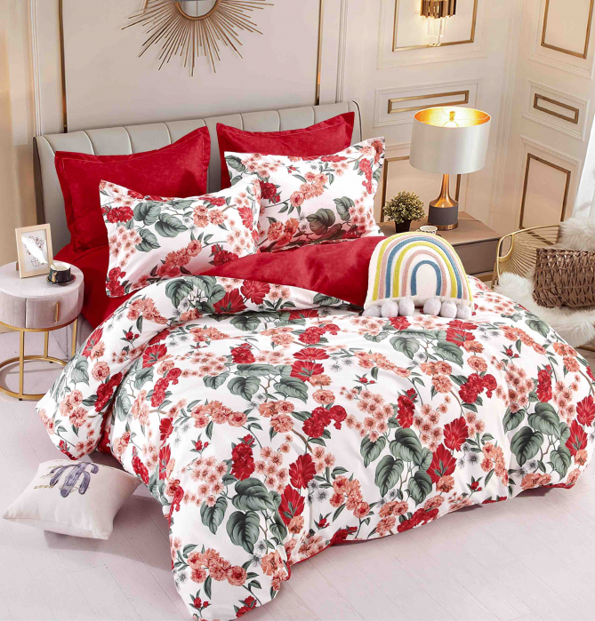 Lenjerie Din Bumbac Tip Finet 6 Piese Pentru Pat Dublu, Red Flowers