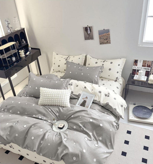 Lenjerie Din Bumbac Tip Finet 6 Piese Pentru Pat Dublu - Gri Alb Buline