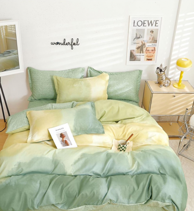 Lenjerie Din Bumbac Tip Finet 6 Piese Pentru Pat Dublu - Verde Ombre