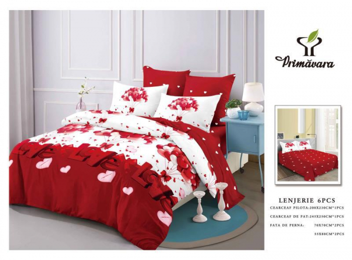 Lenjerie Din Bumbac Tip Finet 6 Piese Pentru Pat Dublu, Love Red White