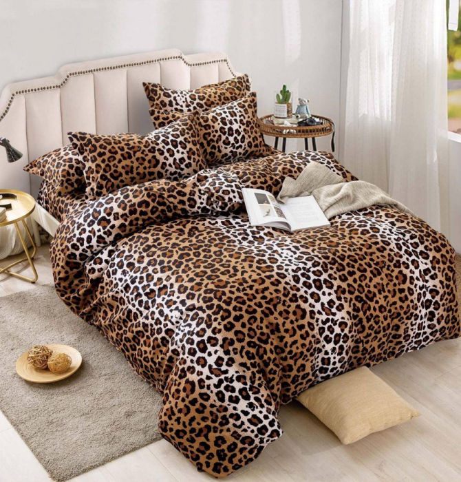 Lenjerie Din Bumbac Tip Finet 6 Piese Pentru Pat Dublu, Leopard