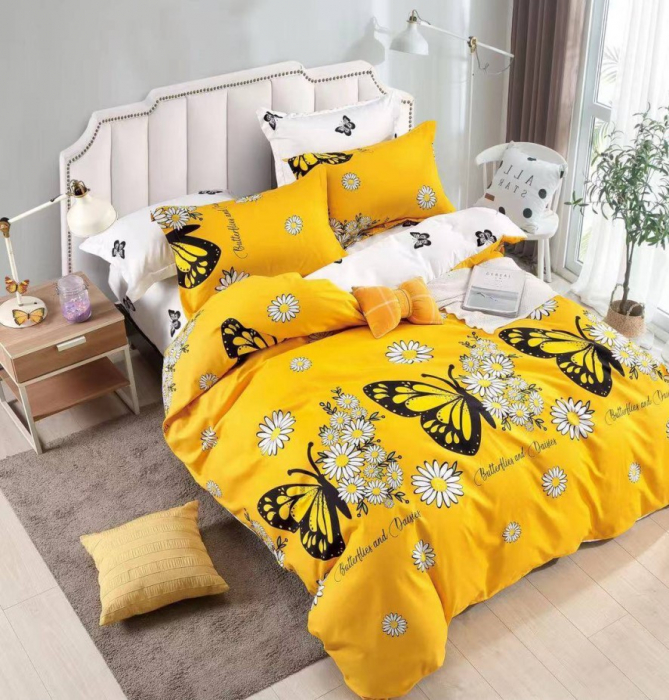 Lenjerie Din Bumbac Tip Finet 6 Piese Pentru Pat Dublu, Yellow Butterflies