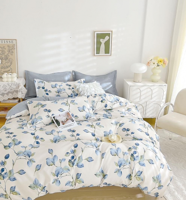 Lenjerie Din Bumbac Tip Finet 6 Piese Pentru Pat Dublu - Floricele albastre