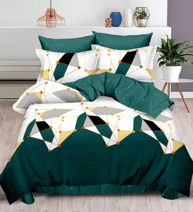 Lenjerie Din Bumbac Tip Finet 6 Piese Pentru Pat Dublu - Verde Geometric