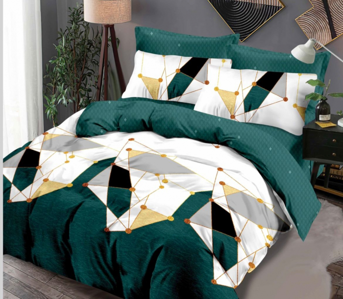 Lenjerie Din Bumbac Tip Finet 6 Piese Pentru Pat Dublu, Geometric Verde