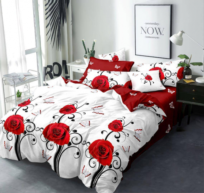 Lenjerie Din Bumbac Tip Finet 6 Piese Pentru Pat Dublu, Red roses