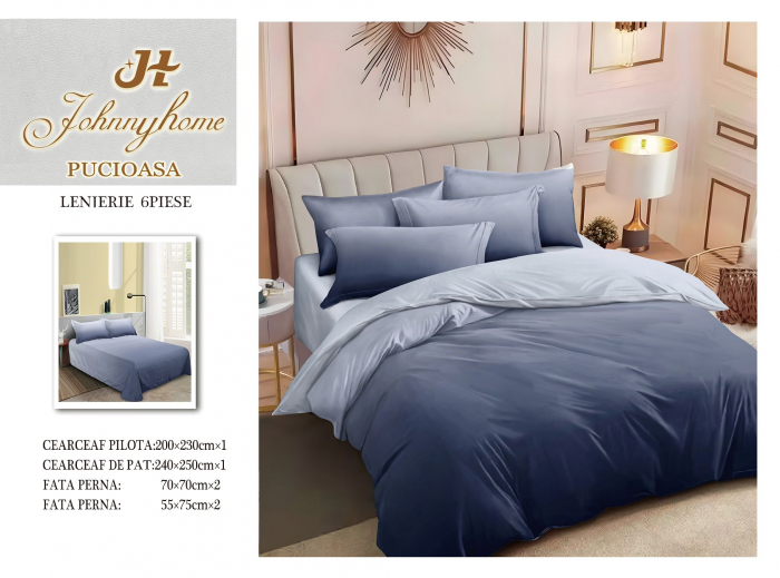 Lenjerie Din Bumbac Tip Finet 6 Piese Pentru Pat Dublu - Ombre Albastru [1]