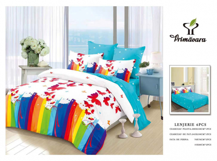 Lenjerie Din Bumbac Tip Finet 6 Piese Pentru Pat Dublu, Rainbow Butterflies