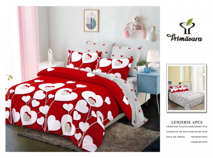 Lenjerie Din Bumbac Tip Finet 6 Piese Pentru Pat Dublu, Red White