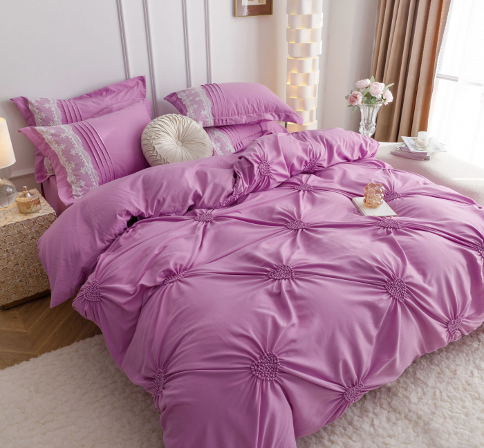 Lenjerie Pat Dublu, Bumbac Soft Touch, 6 piese, cu Pliuri Brodate - Mov [2]