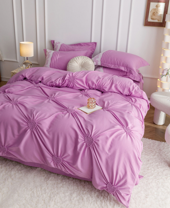Lenjerie Pat Dublu, Bumbac Soft Touch, 6 piese, cu Pliuri Brodate - Mov [4]