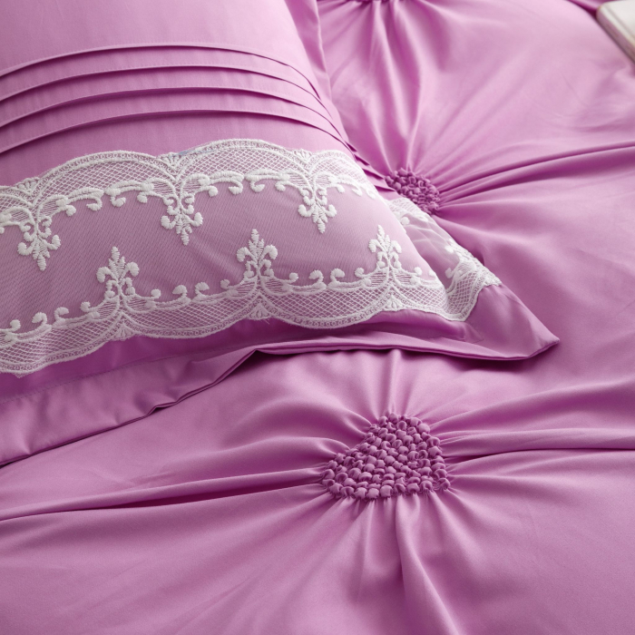 Lenjerie Pat Dublu, Bumbac Soft Touch, 6 piese, cu Pliuri Brodate - Mov [8]