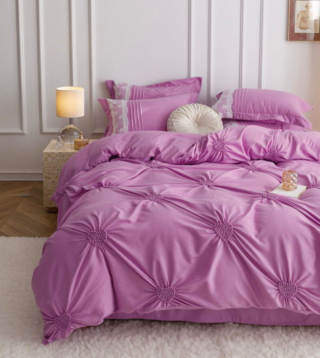 Lenjerie Pat Dublu, Bumbac Soft Touch, 6 piese, cu Pliuri Brodate - Mov [5]