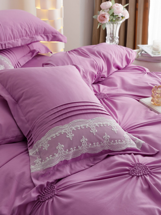 Lenjerie Pat Dublu, Bumbac Soft Touch, 6 piese, cu Pliuri Brodate - Mov [7]