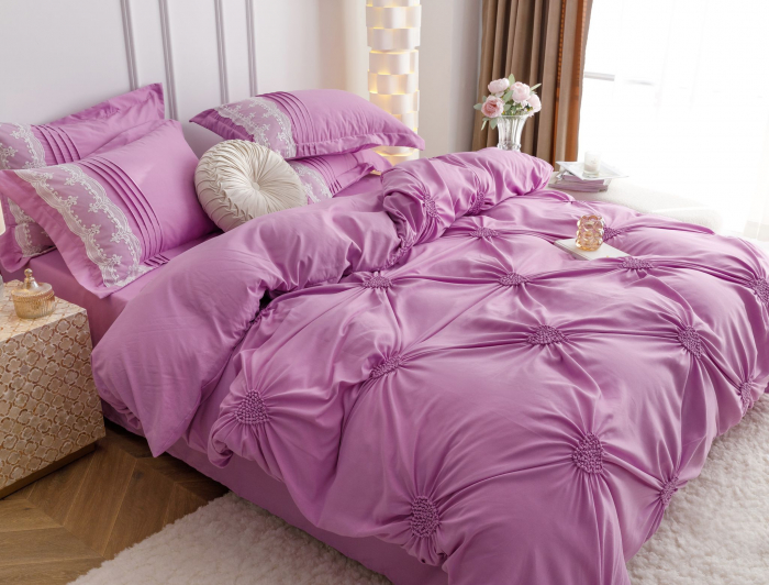 Lenjerie Pat Dublu, Bumbac Soft Touch, 6 piese, cu Pliuri Brodate - Mov [3]